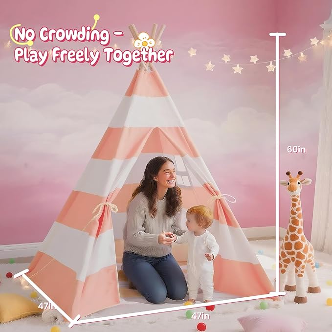 xiaowantong Teepee Tent for Kids with Padded Mat, Lights, and Carry Bag, Washable Playhouse for Indoor Use, Ideal Play Tent for Girls and Boys, Stripe Pink