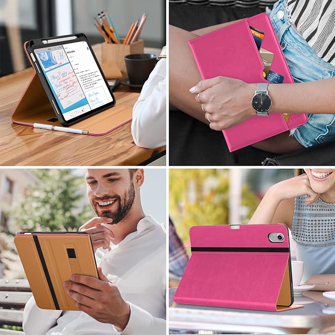 DTTO for iPad (A16) 11th Generation Case 11 Inch 2025, iPad 10th Generation Case 10.9 Inch 2022, Premium Leather Business Folio Stand Cover with Pencil Holder - Auto Wake/Sleep, Rose Red A2