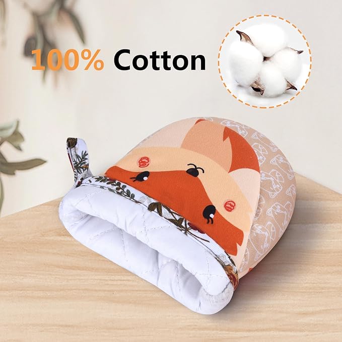 Mini Oven Mitts Cute,Silicone Oven Mitts Heat Resistant 500℉ with Non-Slip Grip and Soft Quilted Cotton Lining for Kitchen Cooking and Baking. Machine Washable-Fox