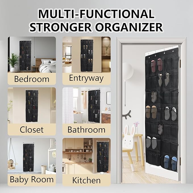 Auvotuis Over the Door Shoe Organizer, 35 Mesh Pockets Hanging Shoe Organizer with 4 Metal Hooks (Black)