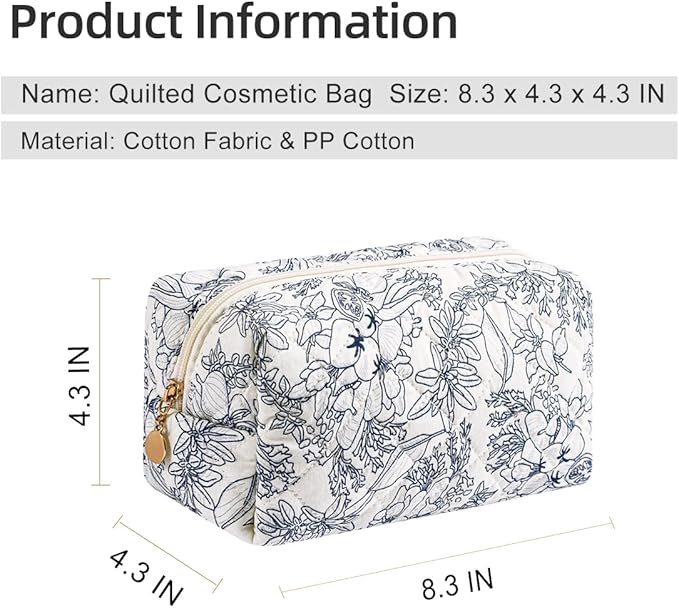 Gleyemor Small Quilted Makeup Bag for Women, Cute Floral Bow Cosmetic Bag, Emergency Bag Travel Toiletry Cotton Pouch Gifts for Girls Her Mom Friend Sister Bridesmaid (Navy Floral)