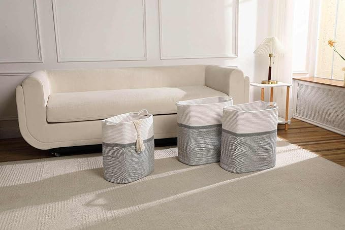 Tall Laundry Basket With Handles,Woven Cotton Rope Big Laundry Hamper Sorters,Versatile Storage for Dirty Clothes,Baby Toys,and Blankets in Bathroom, Nursery,and Living Room (White/Gray, 80L)