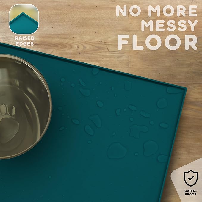 PetHappily Dog Food Mat - Raised Edges Dogs Mat for Food and Water Prevent Spill, Waterproof Cat Food Mats Protect Floors, Easy Clean Dog Bowl Mats for Food and Water, Silicone Pet Food Tray