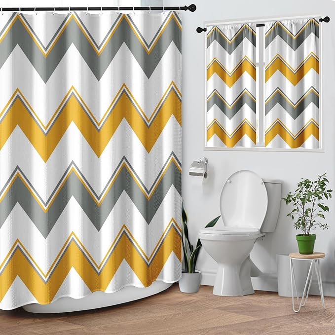 Culudea Chevron Striped Yellow Gray Modern Waffle Textured Cloth Shower Curtain Set, Zig Zag Wave Farmhouse Bathroom Window Waterproof Shower Curtains for Bathroom Decor