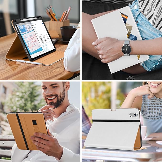 DTTO for iPad (A16) 11th Generation Case 11 Inch 2025, iPad 10th Generation Case 10.9 Inch 2022, Premium Leather Business Folio Stand Cover with Pencil Holder - Auto Wake/Sleep, White