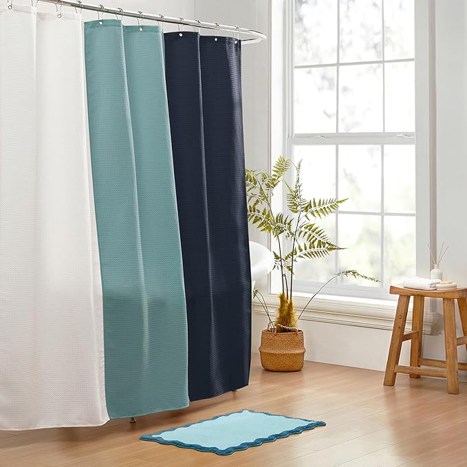 MONDAY MOOSE Colorful Waffle Weave Shower Curtain with Rustproof Metal Grommet Holes for Bathroom, Machine Washable, Hooks Included (72x72 inch, Light Blue/Blue)