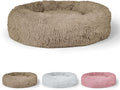 BOWHAUS 24/30 Inch Calming Donut Pet Bed for Small/Medium Cats and Dogs, Anti-Slip Bottom, Washable, Anti-Anxiety Fluffy Round Cat Bed, Indoor Shaggy Cuddler Cotton Candy Brown, Light Gray, Pink Bed