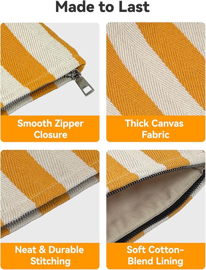 2 Pcs Makeup Bag Set, Women Gifts, Travel Cosmetic Bags, Canvas Make up Bag for Purse, Yellow Striped Makeup Pouch with Zipper Lining, Cosmetic Storage Car Organizer, Portable Large & Small Toiletry