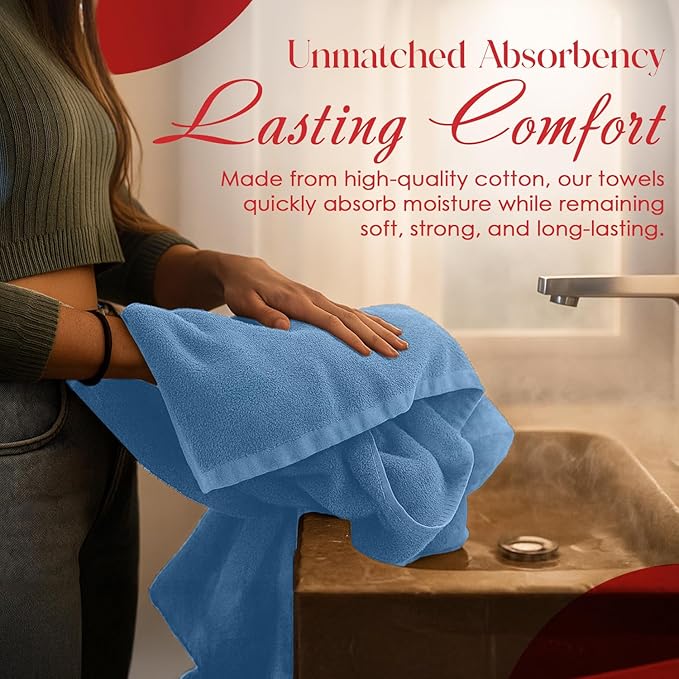 RIVERSIDE Pack of 8 Towels Set, 2 Large Bath, 2 Hand, 4 Face Washcloths, 100% Cotton Hotel Quality, Super Soft, Quick Dry, Highly Absorbent Perfect for Bathroom, Medium Blue