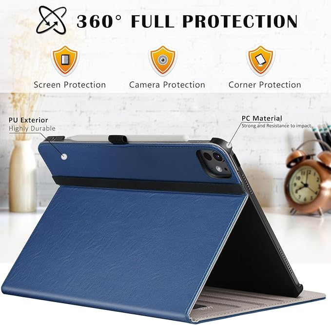 ZtotopCases for iPad Pro 11 Inch Case (M5) 2025/ (M4) 2024 - PU Leather Smart Cover, with Auto Wake/Sleep, Multiple View Angles, Hand Strap & Pocket - Navy Blue