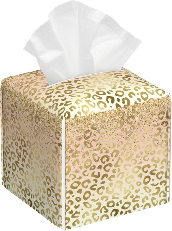 OHEGBXE Tissue Box Holder Golden Leopard Print Square Leather Tissue Box Cover Modern Cube Facial Paper Cover Case for Bathroom Vanity Countertop Night Stands Tabletop