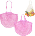 M METERXITY 2-Pack Cotton Mesh Bag, Reusable Washable Mesh Net String Grocery Bags, Reusable Produce Bags with Handle, Net Tote Bag for Fruits/Vegetables Shopping [Pink, Long&Short Handle]