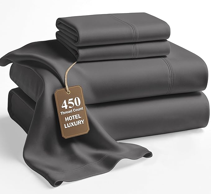 LANE LINEN 100% Cotton Sheets King Size – 450 Thread Count King Size Sheets, Hotel Luxury Soft Silky Sateen Weave, Gentle on Body, Fully Elasticized 15" Deep Pocket, Machine Washable – Charcoal