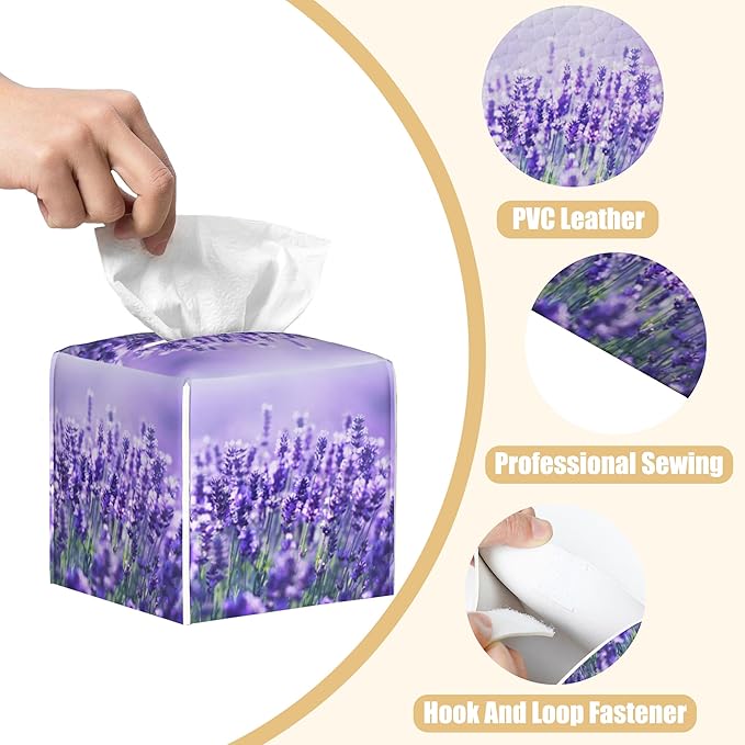 BLYKVGHQ Lavender Flowers Tissue Box Cover Square, Tissue Box Holder with Bottom Belt Leather Facial Paper Organizer Dispenser for Bathroom Bedroom Dresser Night Stand Tabletop