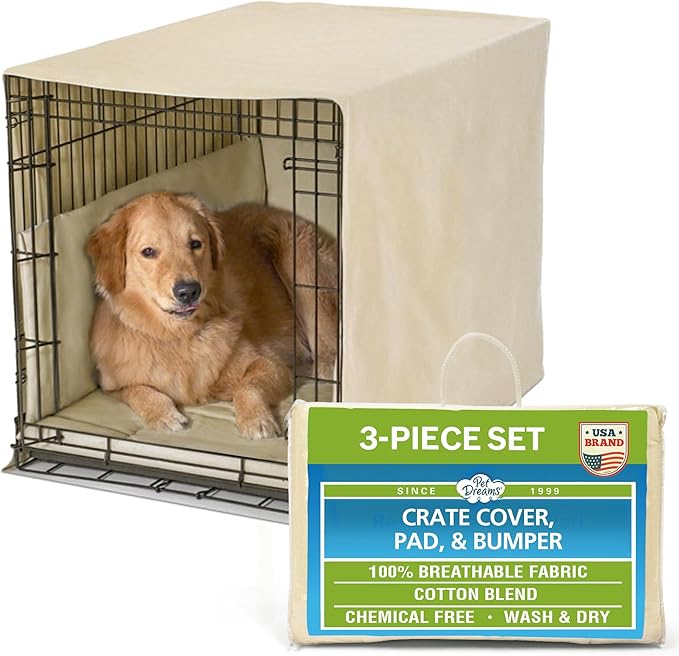 Pet Dreams 3-Piece Set Includes Dog Crate Cover, Dog Mat & Bumper Pad- Washable Kennel Bedding fits iCrate Cages 24, 30, 36, 42 Inch (Khaki, Small, 24")