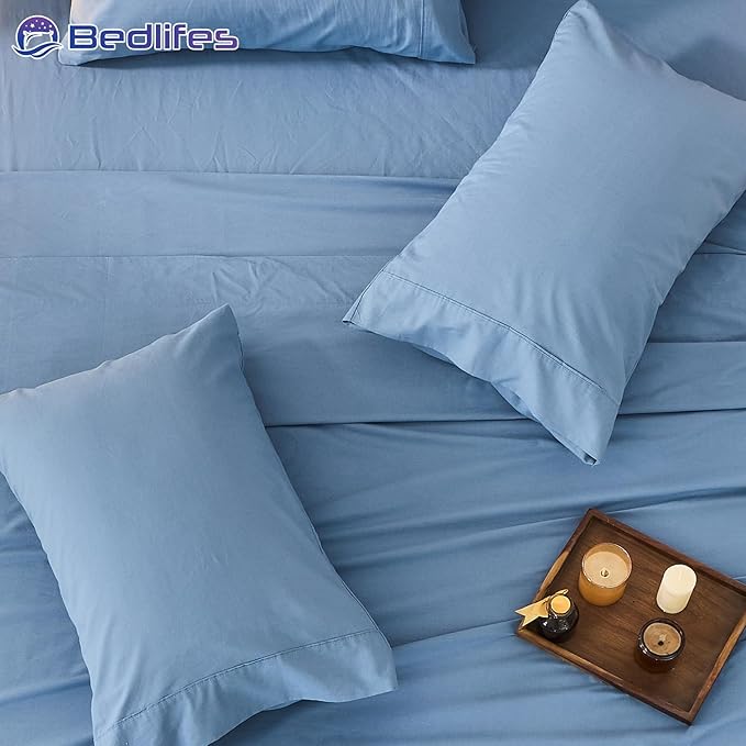 Bedlifes 100% French Pure Linen Sheets California King Size Breathable and Cooling Flax Sheet Set Soft Durable and Moisture Wicking 16 Inch Deep Pocket-4 Piece(Cal King,Flint Blue)