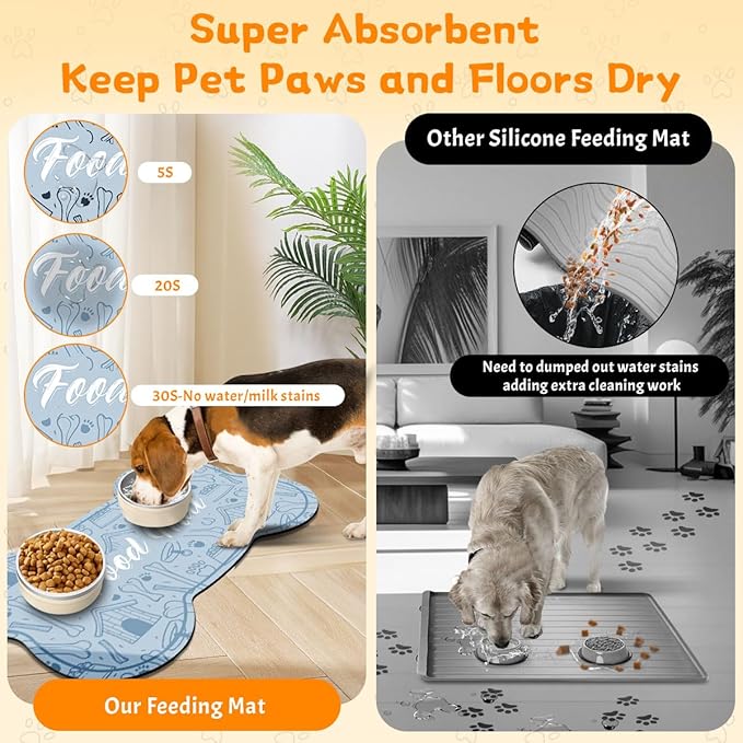 Pet Feeding Mat - Absorbent Dog Food Mat for Floors Waterproof，Dog Cat Placemat Mat for Food and Water Bowls - No Stains No Sliding Quick Dry Water Eating Dish Mat