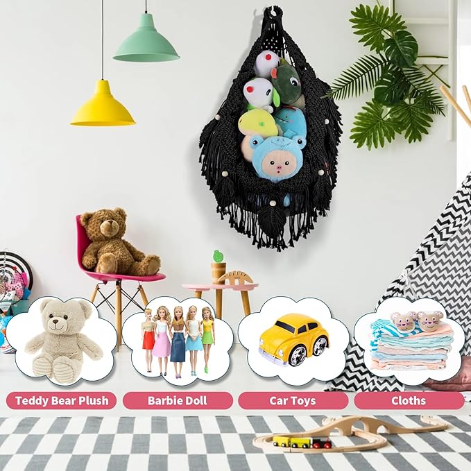 Stuffed Animal Storage Hammock Corner, 56'' Jumbo Boho Macrame Leaf Hanging Stuff Animal Holder for Teddy Plushie, Black Stuffed Animal Net Toy Storage w/Star Lights for Baby Girl Boy Gift