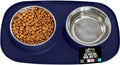 GORILLA GRIP Feeding Mat Set, Patent Pending 100% Waterproof BPA Free Silicone, Stainless Steel Cat and Dog Bowls, Slip Resistant, Edges Catch Water, Food, US Designed Pet Accessories, 2 Cup Navy Blue
