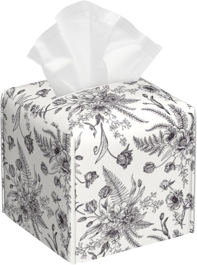 Black and White Flowers Tissue Box Cover Square,Vintage Floral Plant Leaves Tissue Box Holder Waterproof Leather Facial Paper Organizer Dispenser for Bathroom Home Car Nightstand Vanity Desk