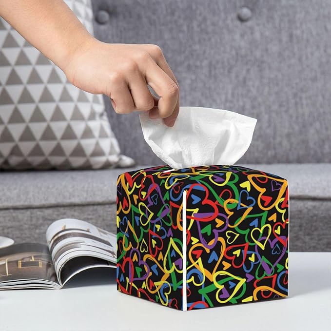 PVC Tissue Box Cover Holder,Heart Pattern Square Decorative Organizer,5.2"X5.2"X5.2" Tissue Case for Bathroom, Tabletop, Car, Office