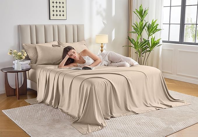 Pure Bamboo Queen Sheets, Genuine 100% Organic Viscose Derived from Bamboo Bed Sheet Set, Luxuriously Soft & Cooling, Double Stitching, 2 Year Quality Promise (Queen, Almond)