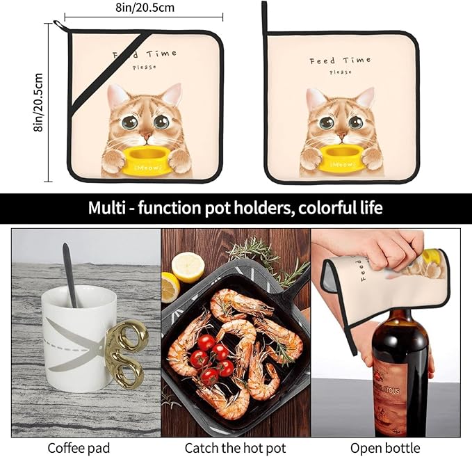 2PCS Cute Cat Pot Holders Set for Kitchen, “Feed Time Please” Animal Printed Potholders with Great Heat Resistance, Hot Pads, Trivets for Cooking and Baking 8x8