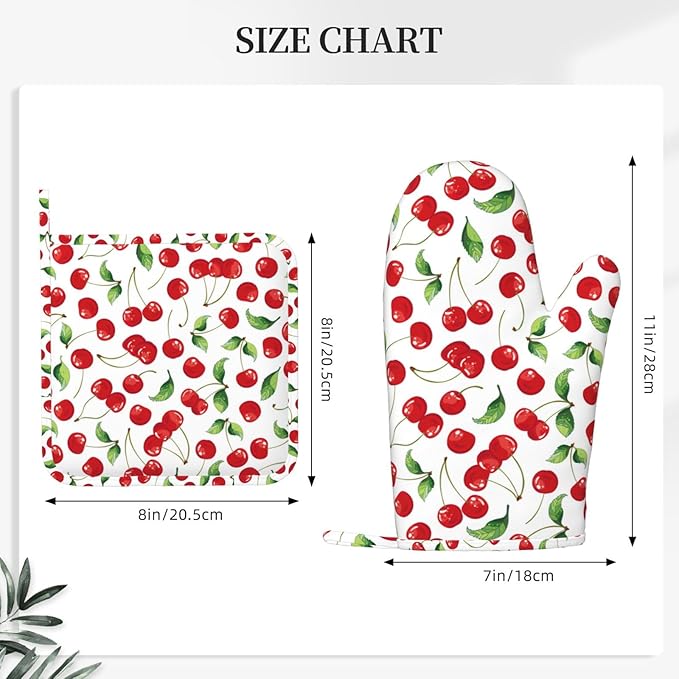 Cherry Fruit Pattern Oven Mitts and Pot Holders Sets Silicone Watercolor Cherries Kitchen Mitts Potholders Heat Resistant 4Pcs Oven Gloves Hot Pads for Kitchen Baking Cooking BBQ Grilling