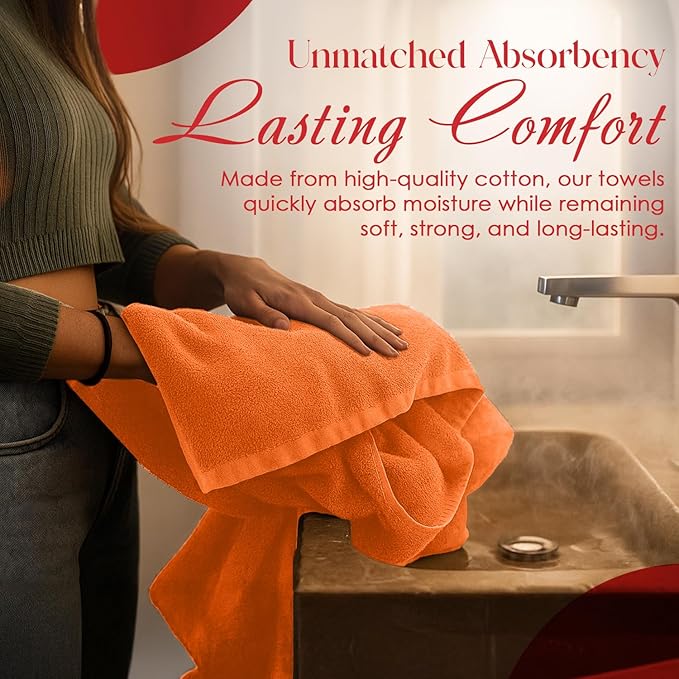 RIVERSIDE Pack of 8 Towels Set, 2 Large Bath, 2 Hand, 4 Face Washcloths, 100% Cotton Hotel Quality, Super Soft, Quick Dry, Highly Absorbent Perfect for Bathroom, Orange