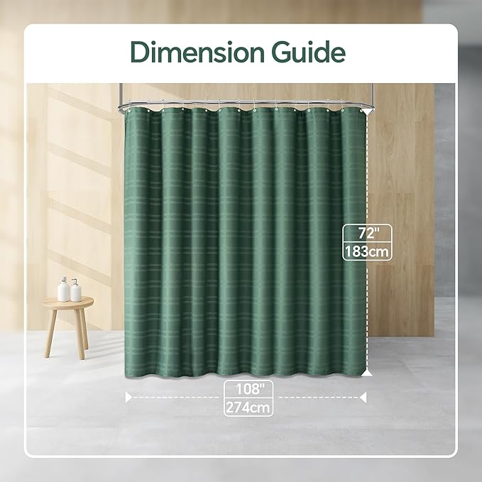 TURKIO 108 Inch Extra Wide Dark Green Shower Curtain Waffle Weave Shower Curtain Striped Fabric Shower Curtains for Bathroom, Green Bathroom Decor, (108Wx72H, Dark Green)