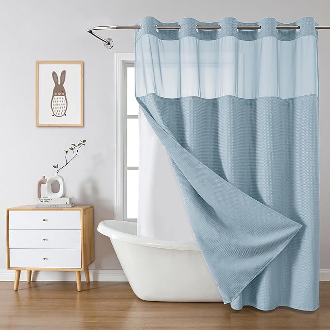eachope Teal Extra Long No Hook Waffle Weave Shower Curtain with snap-in Liner Replacement, 230GSM Waterproof Fabric Hotel Shower Curtain Set for Bathroom, Through Mesh Top Window,71Wx86H