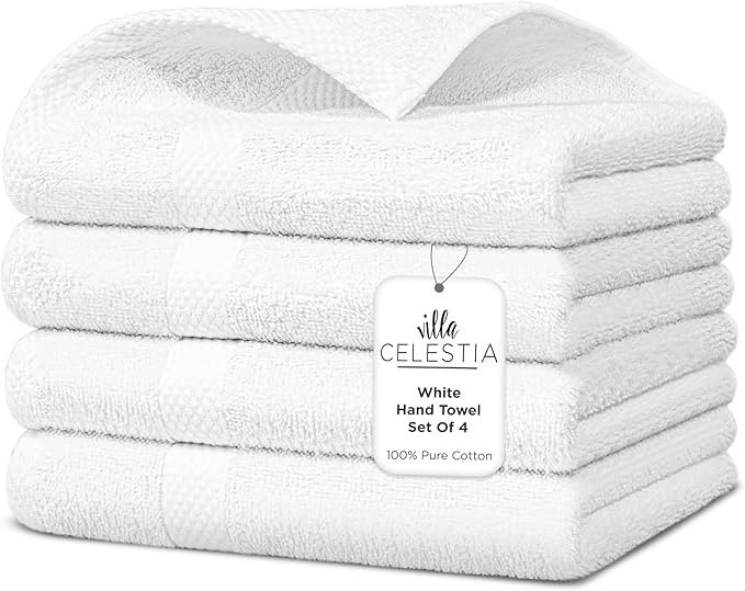 Villa Celestia 100% Cotton Hand Towel Set of 4, (16 x 28 inches) Sustainable, Soft, Highly Absorbent, Quick Drying, Combed Cotton Hand Towels Pack of 4 Ideal for Hotels, Spa, Bathroom, Dorm, White