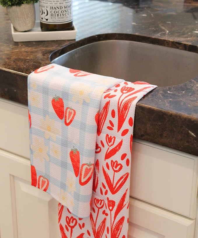 Desert Aqua 2 Pack Double Sided || Not Your Ordinary Kitchen Towels || Dish Towels || Quick Dry || Waffle Weave Microfiber || Highly Absorbent || Hanging Hook (Strawberry)