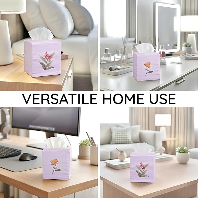 EmbroideryLinen.VN Tissue Box Cover Set of 2, Square Linen Tissue Holder, Printed Floral Design, 4.5x4.5x5.5 Inches, Decorative Holder for Bathroom, Living Room, Office (Rose & Bird of Paradise)