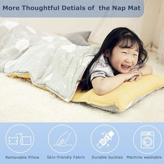 Hi Sprout Toddlers Nap Mat with Removable Pillow and Soft Blanket, Lightweight Daycare Preschool Kindergarten Sleeping Bag, Travel Slumber for Kids Girls Boys
