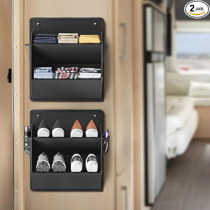 DEYILIAN 2 Pack RV Shoe Storage with Sticky Adhesive Tape, Over the Door Shoe Rack, Wall Hanging Shoe Organizer with Large Deep Pockets for Camper, Narrow Space Saving Closet Organizers Black