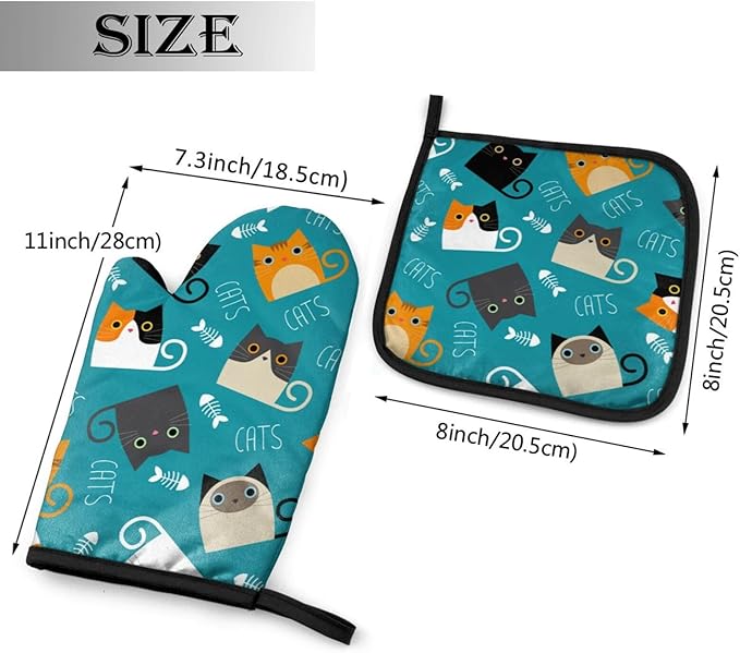 Cute Cats Oven Mitts and Pot Holders Funny Kitten Insulated Gloves & Kitchen Counter Safe Mats for Cooking BBQ Baking Grilling (2-Piece Set)