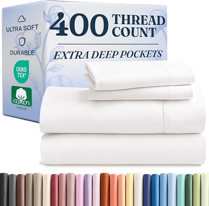 Extra Deep Pockets 400 Thread Count 100% Cotton 4 Piece King Size Bedding Sheet Set - Breathable & Cooling - Hotel Luxury Bed Sheets Set - Extra Soft, Wrinkle Free And Comfy White Bedding Sheets Set