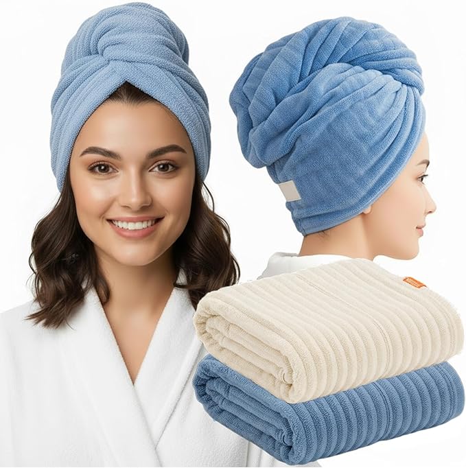 YHPDYL 2-Pack Microfiber Hair dring Towel | 50% Faster Drying, Ultra Absorbent & Frizz Control | for Long/Curly Hair | 40 * 11" Large Size | Travel Gym Home Use(Bule,White)