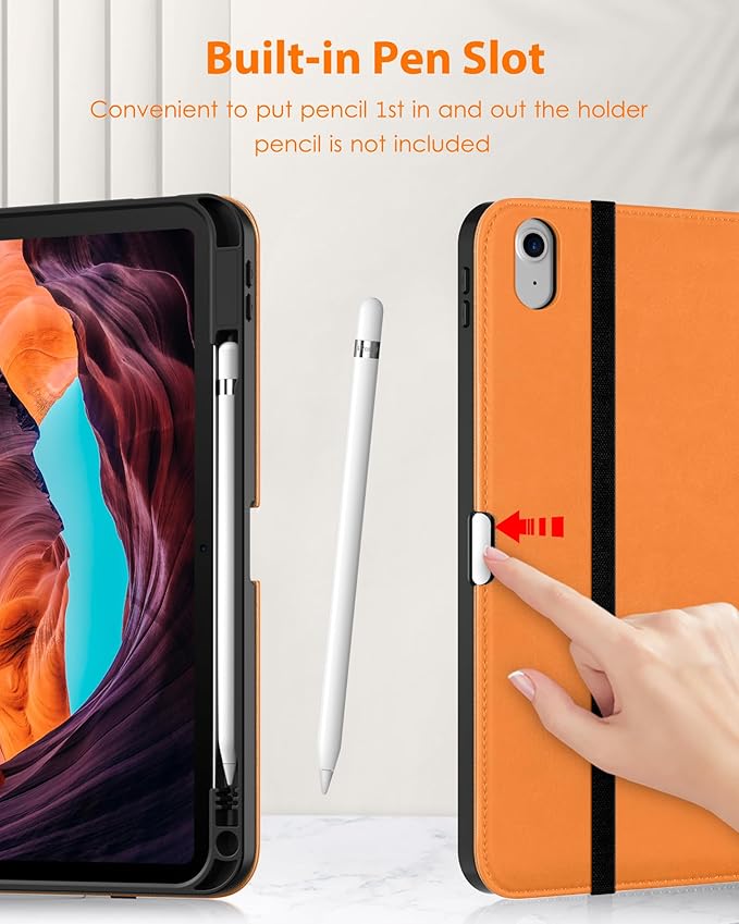 DTTO for iPad (A16) 11th Generation Case 11 Inch 2025, iPad 10th Generation Case 10.9 Inch 2022, Premium Leather Business Folio Stand Cover with Pencil Holder - Auto Wake/Sleep, Orange