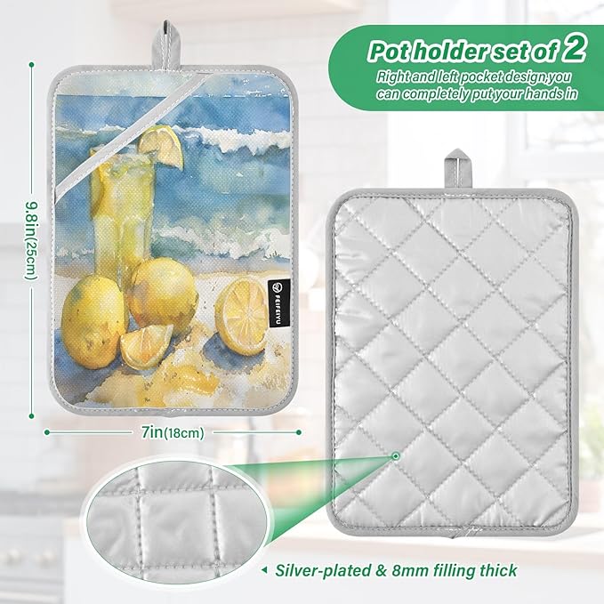 Pot Holders Set of 2 Lemons and Lemonade Hot Pads for Kitchen Heat Resistant Potholders Sets for Kitchen and Baking 7x9.8in
