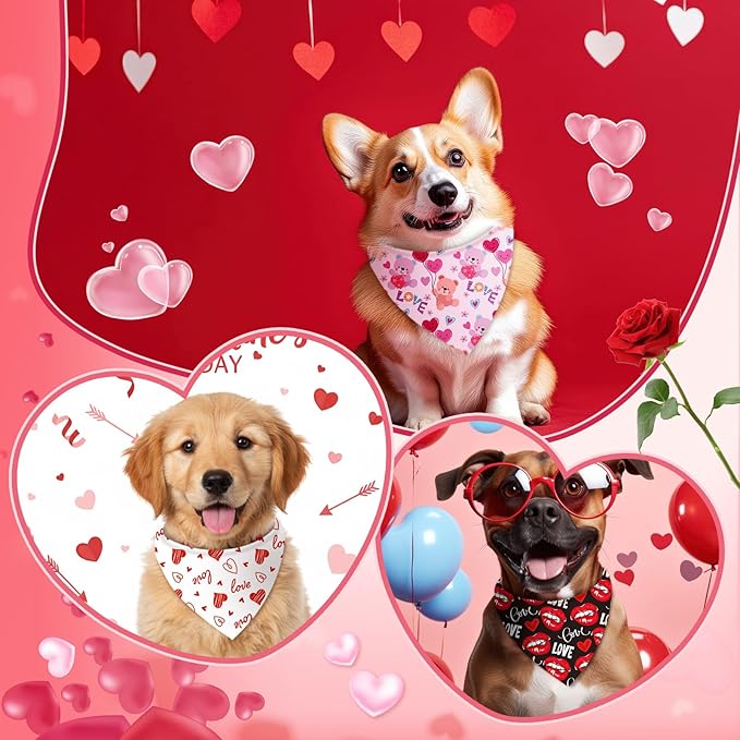 Abbylike 50 Pcs Valentines Day Dog Bandanas Bulk Red and Pink Bandanas for Dogs Triangle Kerchief Bibs Scarf for Pet Romantic Costume Photo Props Accessories Pet Shops Groomers (25.6 x 17.7 x 17.7)