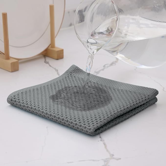 Kitinjoy 100% Cotton Kitchen Dish Cloths (12 X 12 Inches, Grey),6 Pack Waffle Weave Ultra Soft Absorbent Dish Towels for Drying Dishes Quick Drying Kitchen Towels Dish Rags