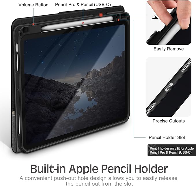 KingBlanc Case for iPad Air 13 inch (M3 2025/M2 2024) with Pencil Holder, Vegan Leather Protective Stand Cover, Auto Wake/Sleep, Multi-Angles for Viewing/Drawing, Supports Pencil Pro/(USB-C), Black