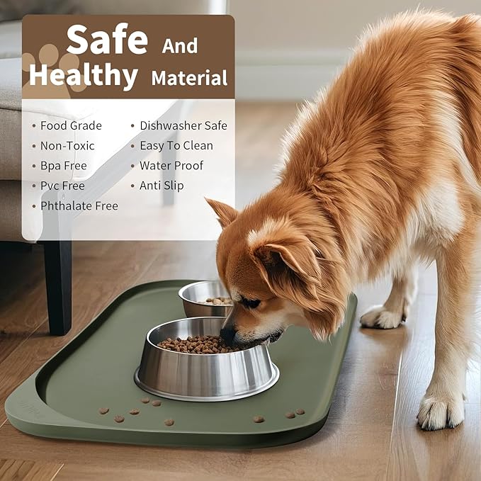 Smilool Silicone Pet Food Mat with Raised Edge for Food and Water Bowl, Dog Feeding Mats, Cat Food Trays for Floor Waterproof, Rubber Tray for Dogs and Cats, 22 x 14 x 0.8 Light Olive Green