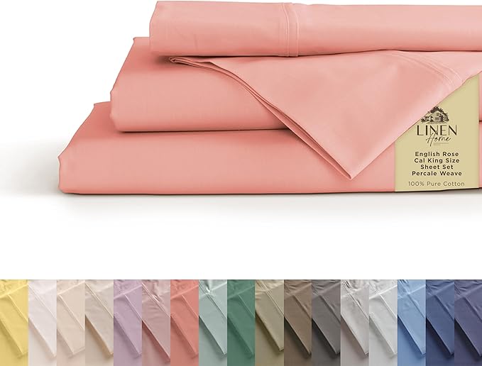 Linen Home 100% Cotton Percale Sheets California King Size, English Rose, Deep Pocket, 4 Pieces Set - 1 Flat, 1 Deep Pocket Fitted Sheet and 2 Pillowcases, Crisp Cool and Strong Bed Linen