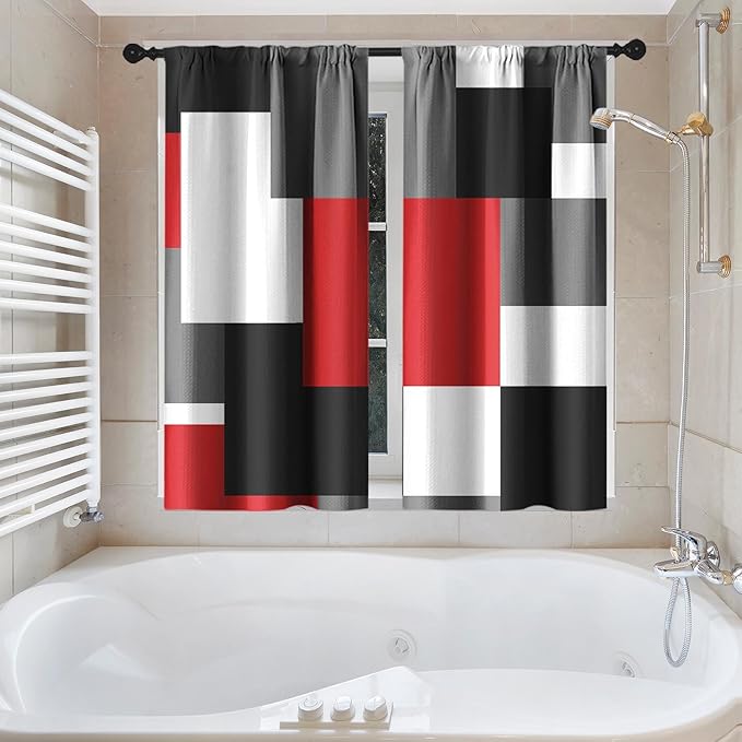 Culudea Geometric Red White Shower Curtain Set, Black and Gray Modern Bathroom Window Waterproof Shower Curtain Set for Bathroom Decor