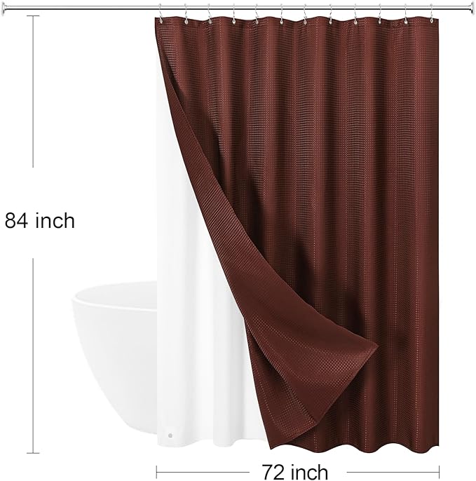 Craidlela 3 in 1 Extra Long Brown Shower Curtain Set-72 W x 84 H, Modern Waffle and PEVA Liner Set with 12 Stainless Steel Hooks, Waterproof Fabric for Bathroom