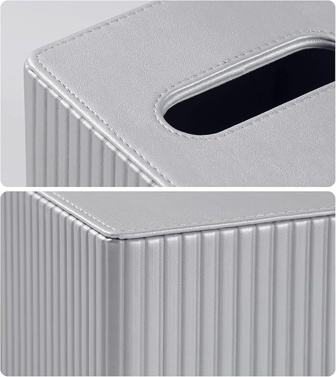 MEIBOOCH PU Leather Tissue Box Cover Square, Rectangle Tissue Box Holder with Magnetic Closure, Decorative Tissue Holder for Bathroom Bedroom Office (Silver, Square)