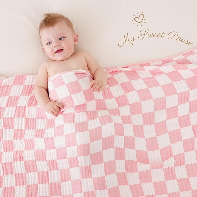 HardNok Ultra-Soft Muslin Baby Blanket - Swaddle & Crib for Girls, Pink Checkered (1-Pack)